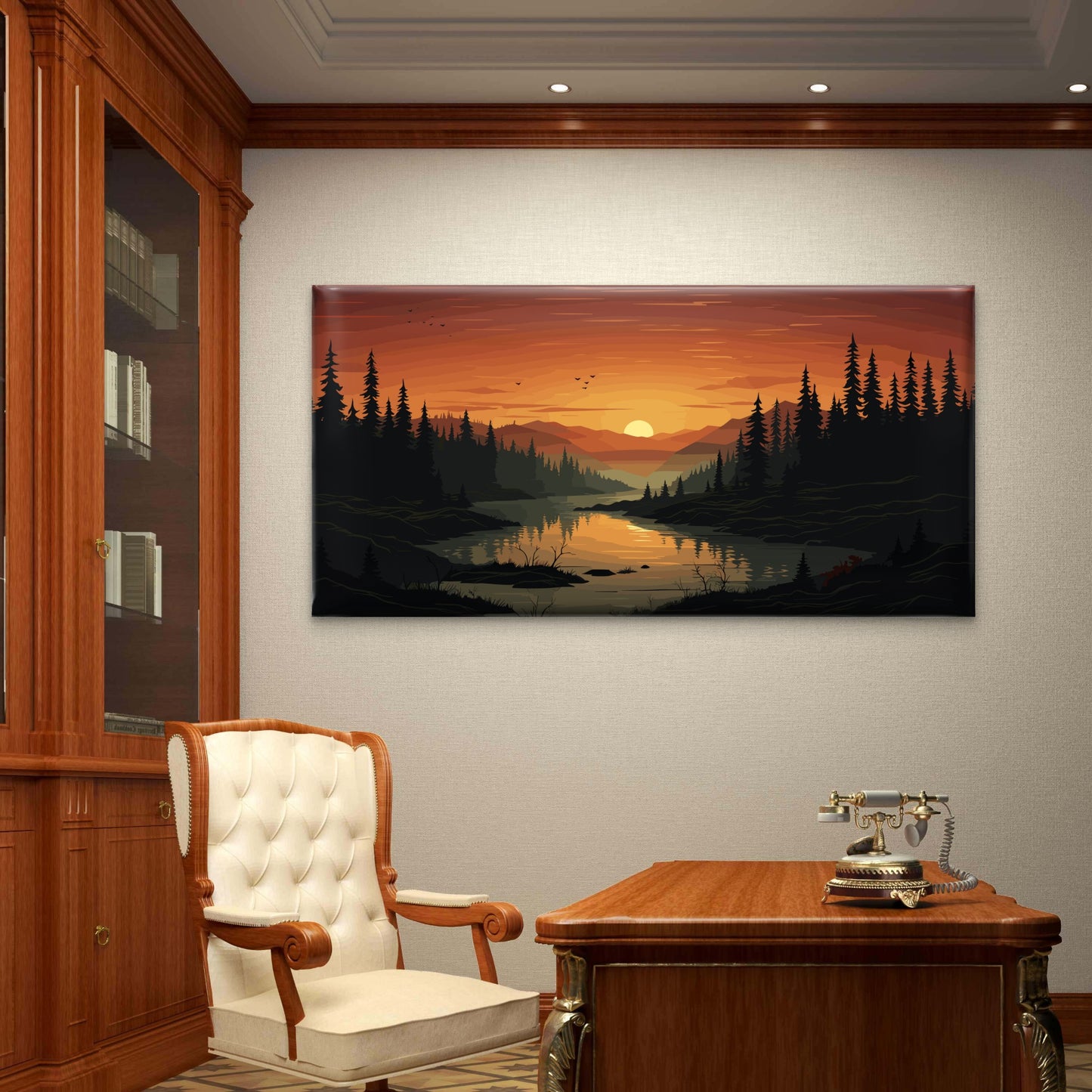 Gold Sunset Forest River Valley Wall Art Canvas Office Home Room Framed 120x60cm