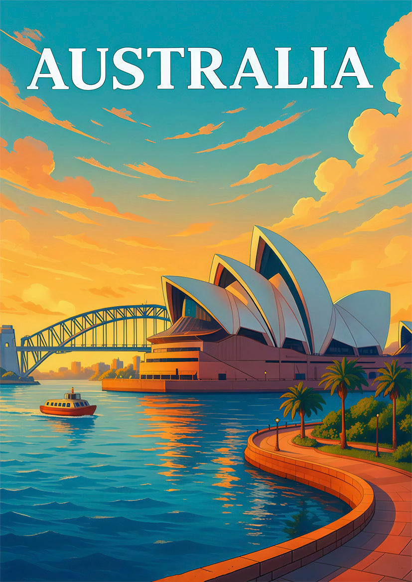Australia Sydney Opera House and Harbour Bridge Scenery Travel Poster Print Wall Art
