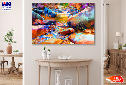 Beautiful Waterfall With Colorful Stones In Autumn Forest Oil Painting Wall Art Limited Edition High Quality Print