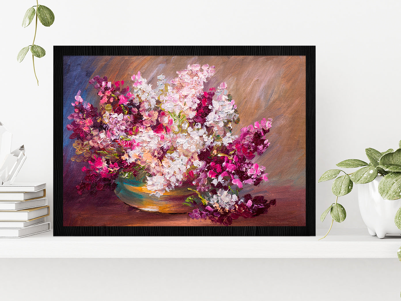 Bouquet Of Lilac & Colorful Still Life Glass Framed Wall Art, Ready to Hang Quality Print Without White Border Black