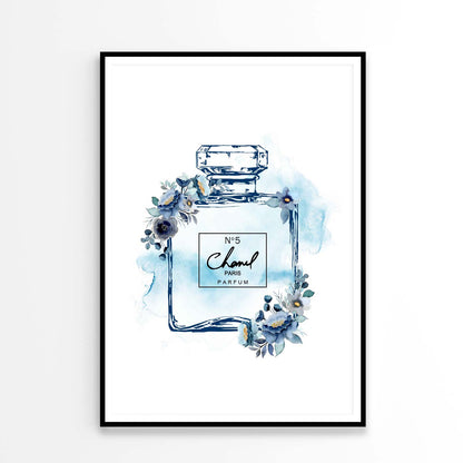 Fashion Perfume with Blue Shaded Flowers Design Home Decor Premium Quality Poster Print Choose Your Sizes