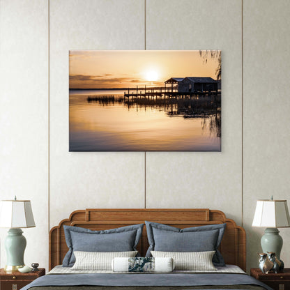Rustic Pier Lake Boathouse Sunrise Wall Art Decor 100% Australian Made - Bella Home Decor