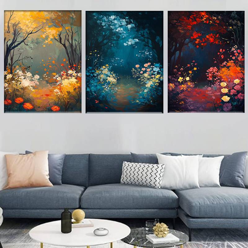 3pcs Golden to Navy Blue Triptych Forest Scene 50x70cm - High Quality Print 100% Australian Made Wall Canvas Ready to Hang - Bella Home Decor