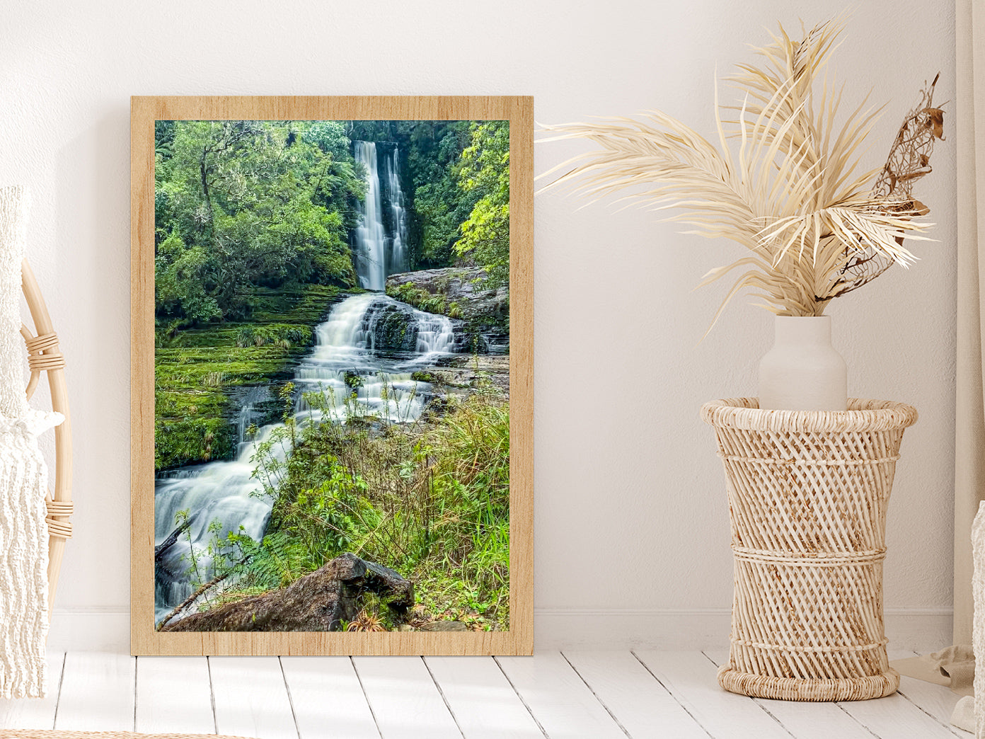 Mcleans Falls In The Forest Glass Framed Wall Art, Ready to Hang Quality Print Without White Border Oak