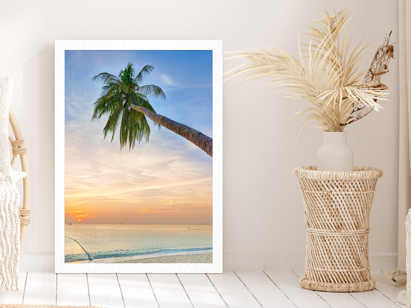 Palm Tree Leaning Over the Ocean at Sunset Photograph Glass Framed Wall Art, Ready to Hang Quality Print Without White Border White