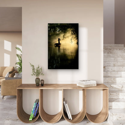 Silhouette Fisherman on River at Sunrise 60x90cm Metal Print Ready to Hang