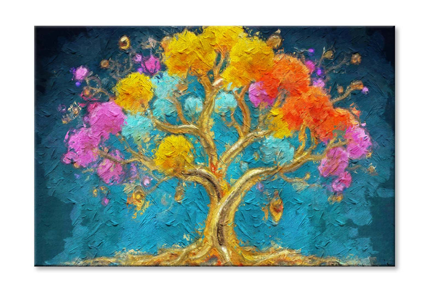 Painting of Golden Tree with a Colorful Flowers Wall Art Limited Edition High Quality Print