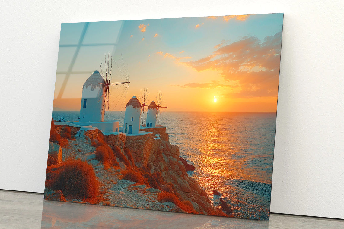 Buildings on a Rocky Shore, Sky In Greece Acrylic Glass Print Tempered Glass Wall Art 100% Made in Australia Ready to Hang - Bella Home Decor