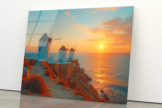 Buildings on a Rocky Shore, Sky In Greece Acrylic Glass Print Tempered Glass Wall Art 100% Made in Australia Ready to Hang - Bella Home Decor