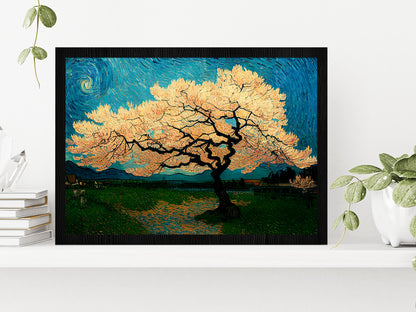 Japanese Cherry Tree In Green Meadow Glass Framed Wall Art, Ready to Hang Quality Print Without White Border Black