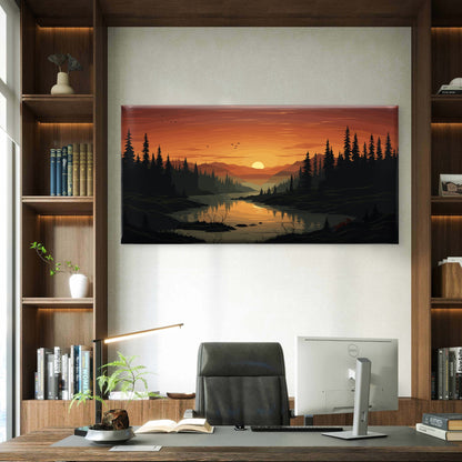 Gold Sunset Forest River Valley Wall Art Canvas Office Home Room Framed 120x60cm