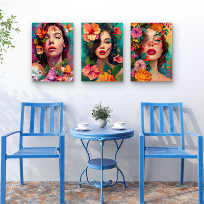 3pcs Colorful Tropical Woman Flower Painting Wall Art Set Canvas Framed 40x60cm - High Quality Print 100% Australian Made Wall Canvas Ready to Hang