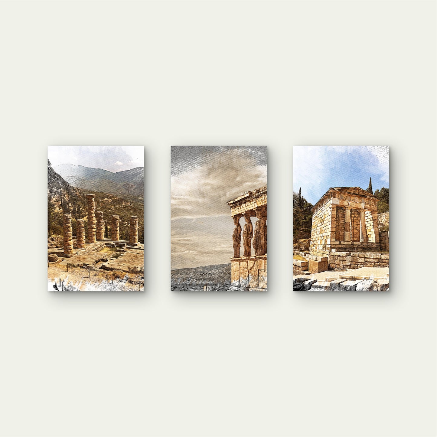 3pcs Greek Acropolis Temple Greece Ruins Wall Art Set Canvas Framed 40x60cm - High Quality Print 100% Australian Made Wall Canvas Ready to Hang