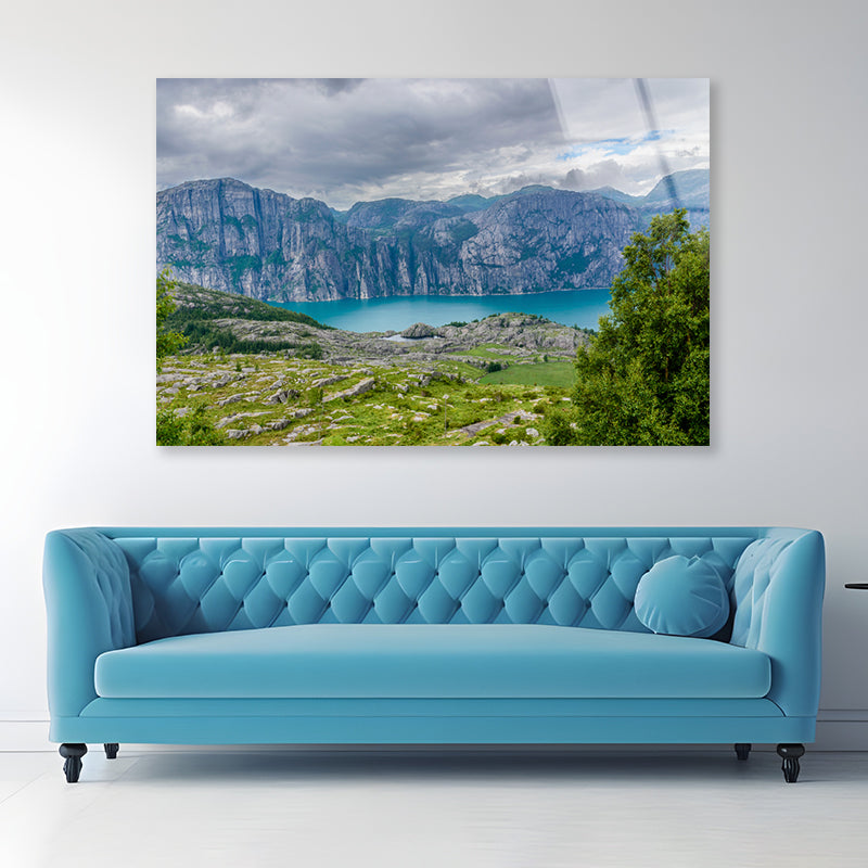 A Lake Surrounded By Mountains with Clouds Acrylic Glass Print Tempered Glass Wall Art 100% Made in Australia Ready to Hang