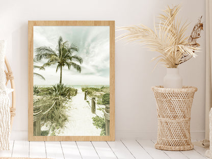 Palm Tree & Sea Path View Photograph Glass Framed Wall Art, Ready to Hang Quality Print Without White Border Oak