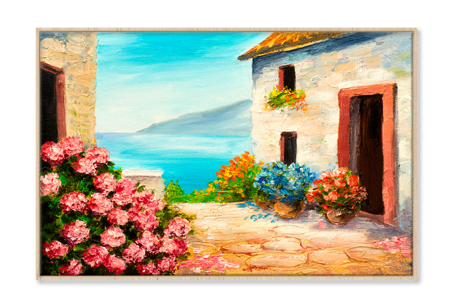 House Near The Sea, Sea Coast, Flowers Oil Painting Limited Edition High Quality Print Canvas Box Framed Natural