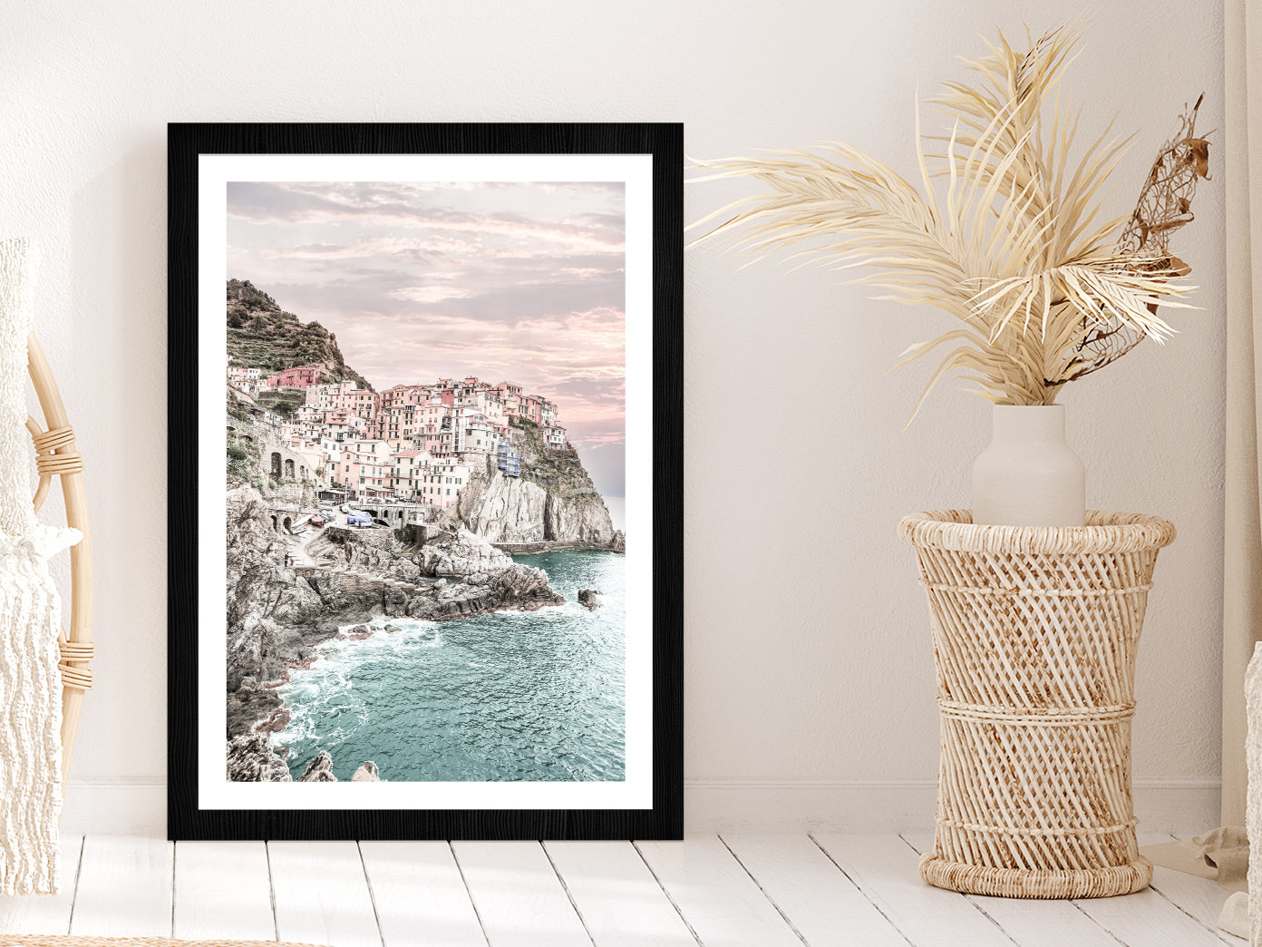 Cinque Terre Faded City & Sea Photograph Glass Framed Wall Art, Ready to Hang Quality Print With White Border Black