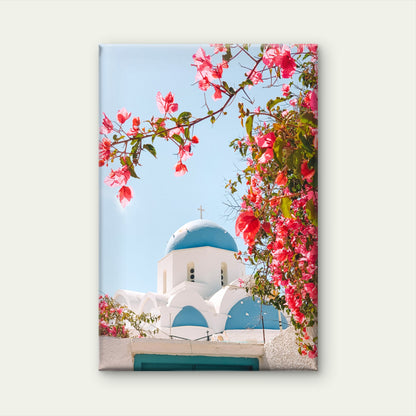 White Stone Church Blue Dome Bougainvillea Greek Sky Wall Art Decor 100% Australian Made - Bella Home Decor
