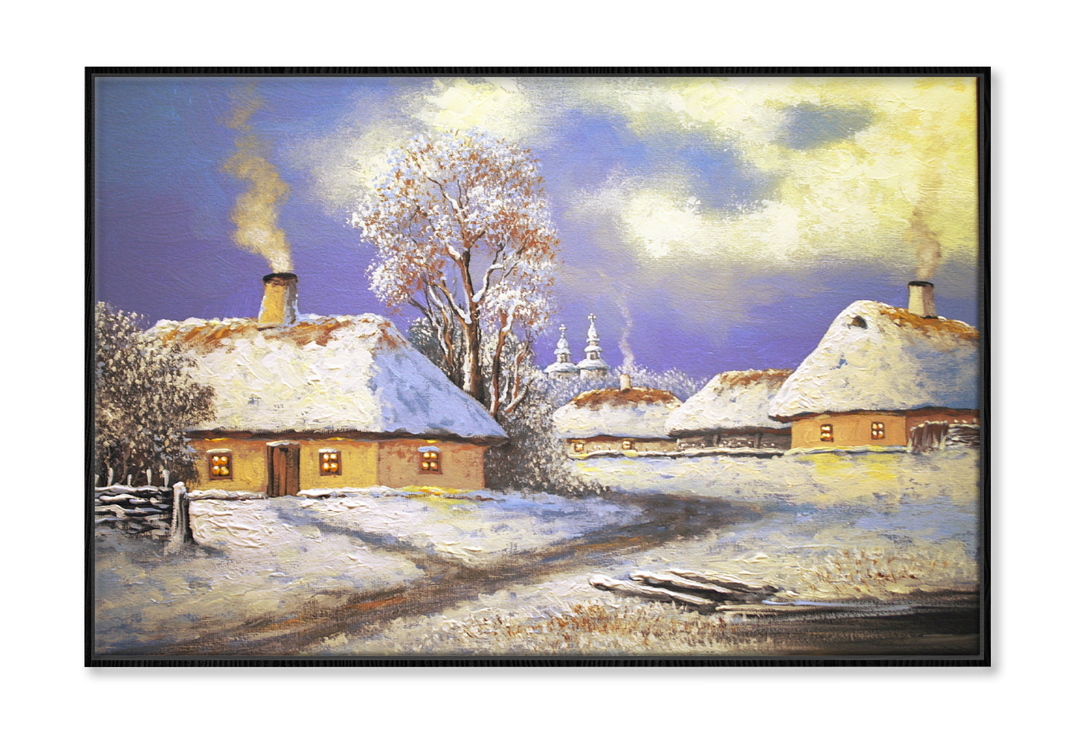 Church in Winter & Houses Landscape Oil Painting Wall Art Limited Edition High Quality Print Canvas Box Framed Black