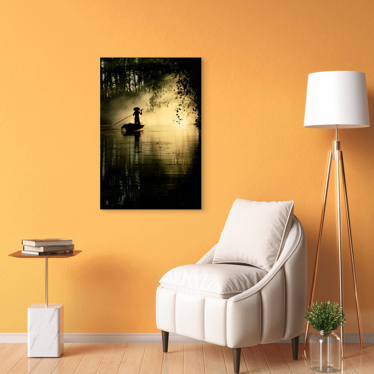 Silhouette Fisherman on River at Sunrise 40x60cm Metal Print Ready to Hang