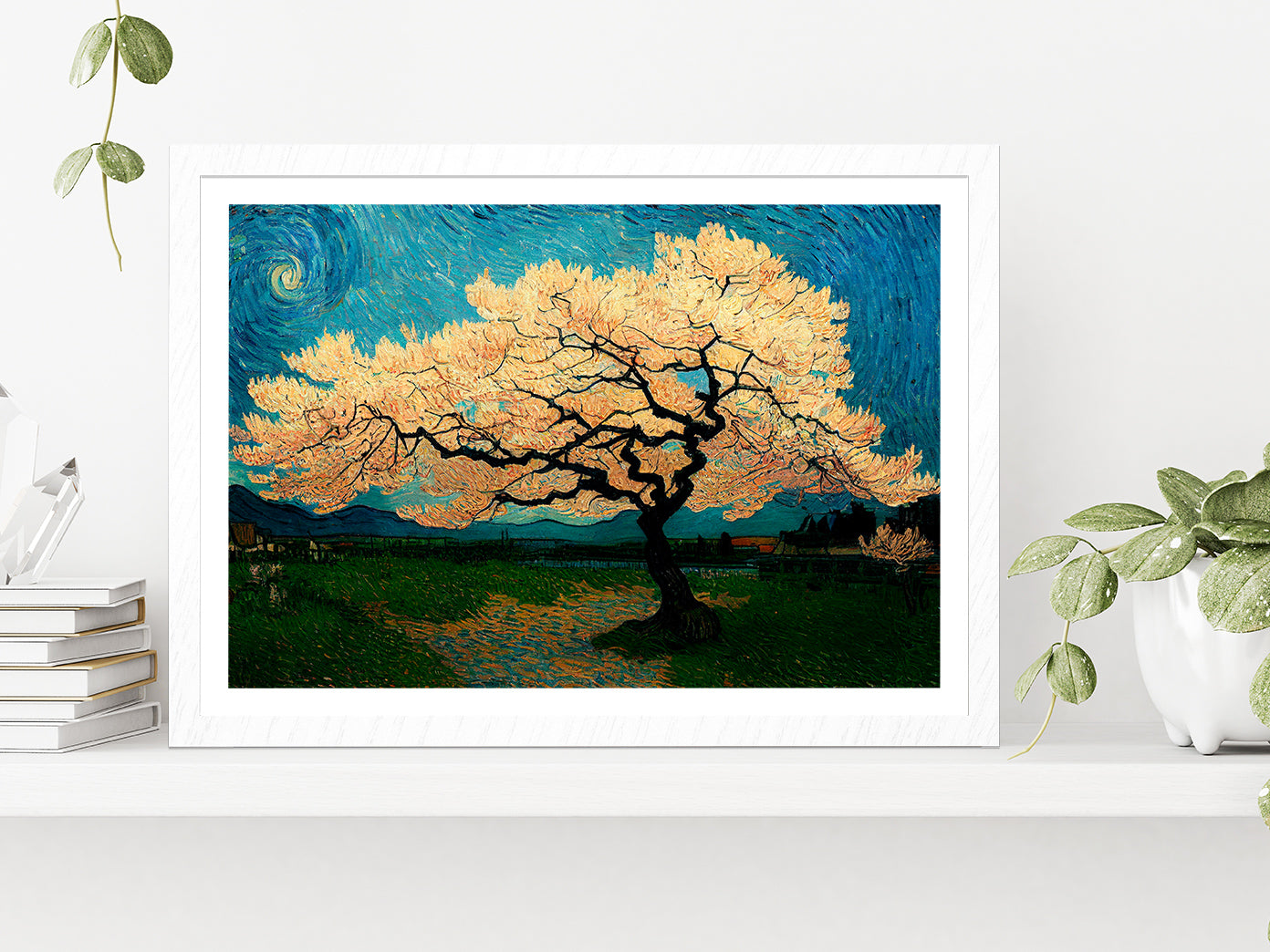 Japanese Cherry Tree In Green Meadow Glass Framed Wall Art, Ready to Hang Quality Print With White Border White