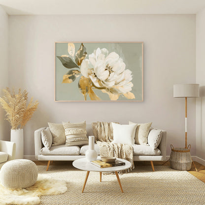 Soft Sage Green White Peony with Textured Petals Painting Wall Art Decor 100% Australian Made