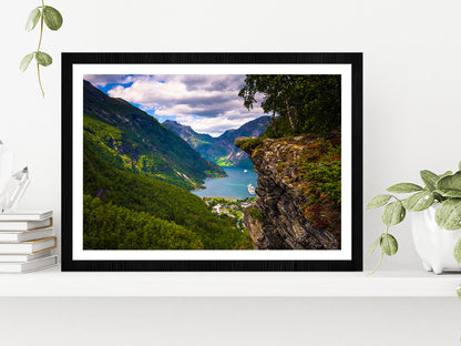 Flydalsjuvet Viewpoint In Norway Glass Framed Wall Art, Ready to Hang Quality Print With White Border Black
