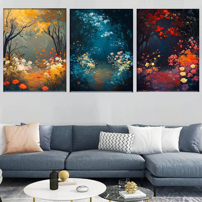 3pcs Golden to Navy Blue Triptych Forest Scene Wall Art Set Canvas Framed 60x90cm - High Quality Print 100% Australian Made Wall Canvas Ready to Hang - Bella Home Decor