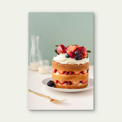 Sponge Cake with Fresh Fruits 60x90cm Metal Print Ready to Hang