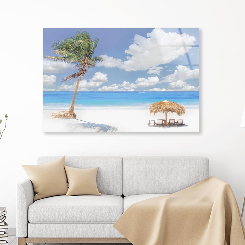 Beach Hut And Coconut Tree Acrylic Glass Print Tempered Glass Wall Art 100% Made in Australia Ready to Hang