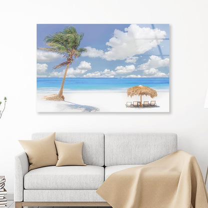 Beach Hut And Coconut Tree Acrylic Glass Print Tempered Glass Wall Art 100% Made in Australia Ready to Hang