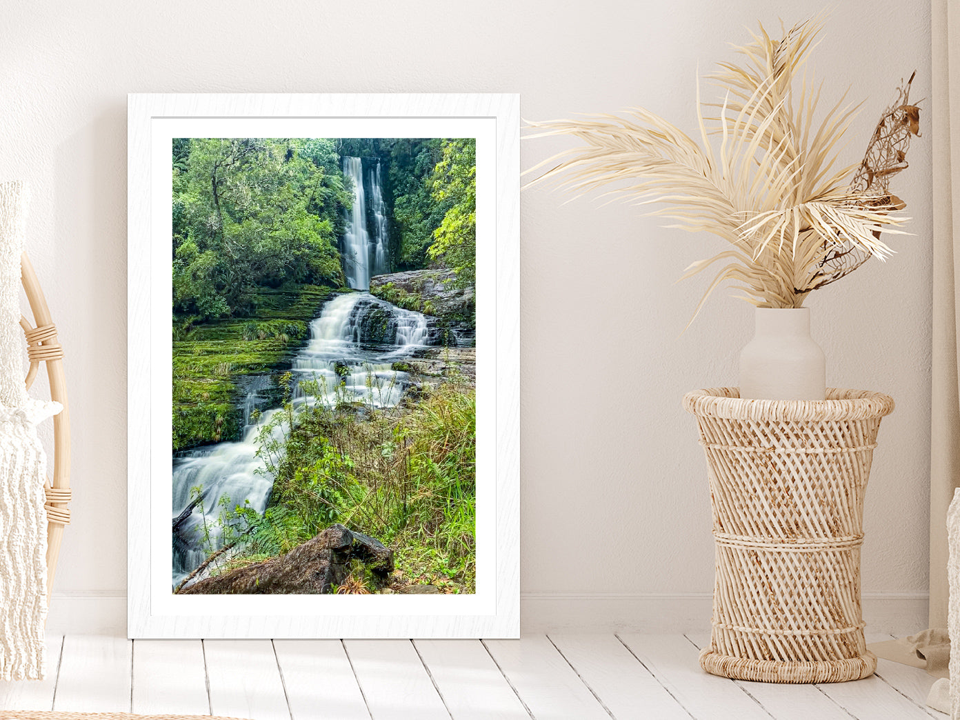 Mcleans Falls In The Forest Glass Framed Wall Art, Ready to Hang Quality Print With White Border White