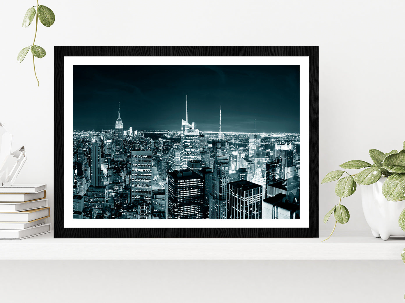 New York City Manhattan Skyline At Night Glass Framed Wall Art, Ready to Hang Quality Print With White Border Black