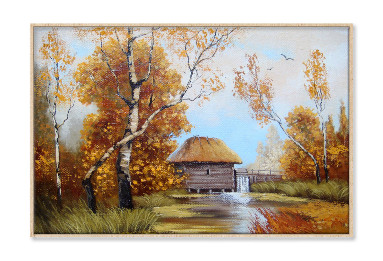 House near Lake & Autumn Trees Oil Painting Wall Art Limited Edition High Quality Print Canvas Box Framed Natural