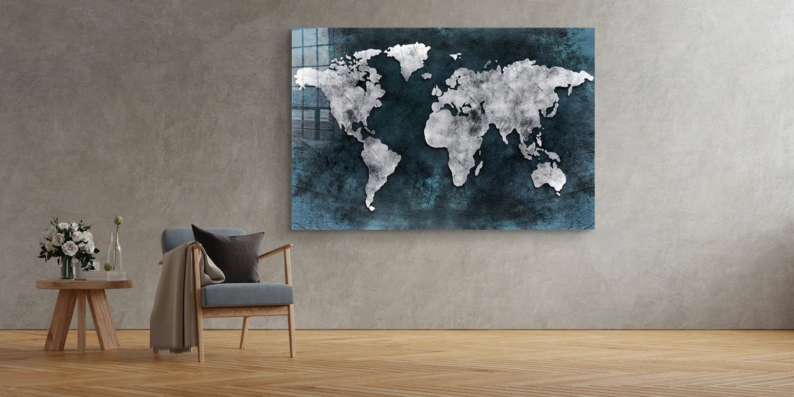 Silver World Map Vector UV Direct Aluminum Print Australian Made Quality