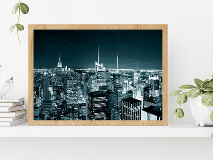 New York City Manhattan Skyline At Night Glass Framed Wall Art, Ready to Hang Quality Print Without White Border Oak