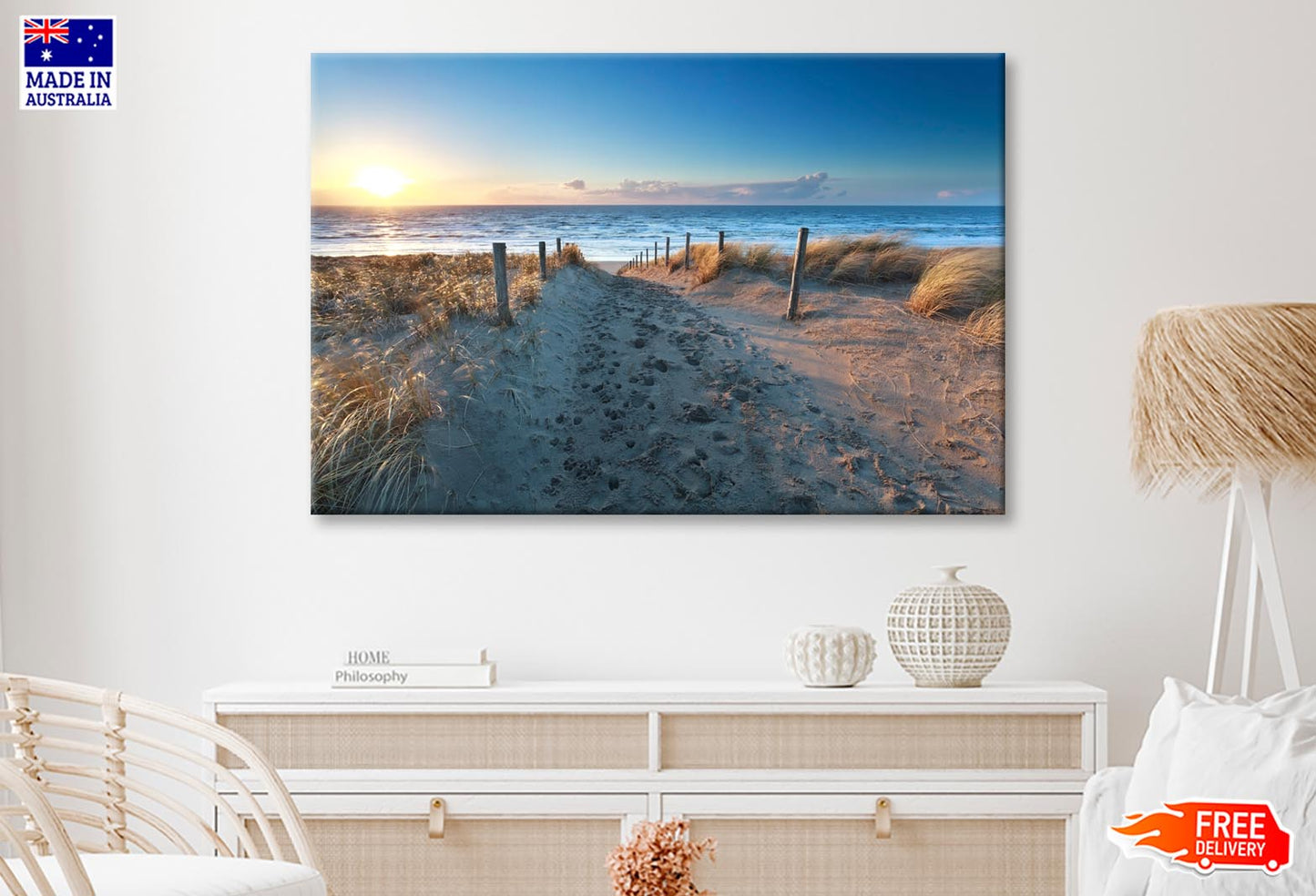 Path On Sand to Ocean Beach at Sunset, Netherlands Wall Art Decor 100% Australian Made - Bella Home Decor