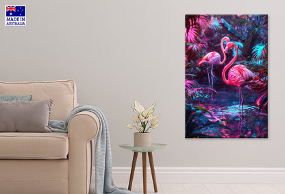 View of Vibrant Neon Blue Pink Tropical Flamingo Wall Art Decor 100% Australian Made