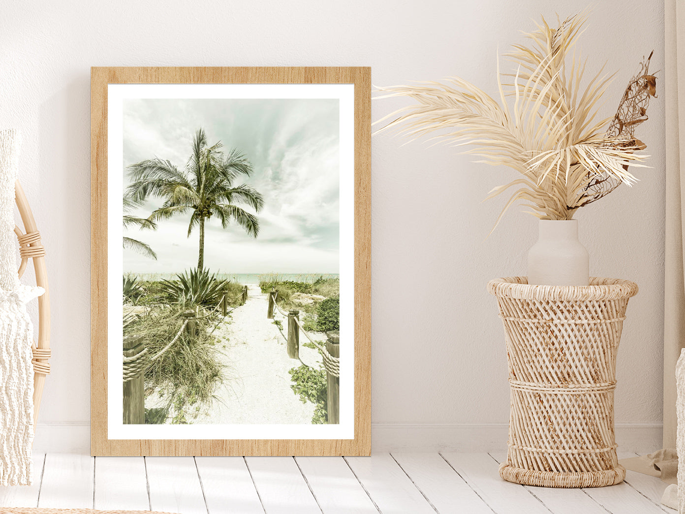 Palm Tree & Sea Path View Photograph Glass Framed Wall Art, Ready to Hang Quality Print With White Border Oak