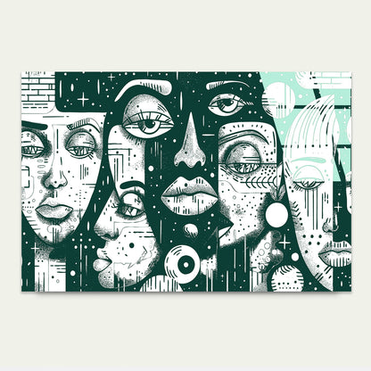 Abstract Cubist Faces Teal Gree Glass Printing Wall Art Australian Made Quality