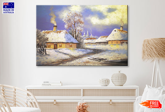 Church in Winter & Houses Landscape Oil Painting Wall Art Limited Edition High Quality Print