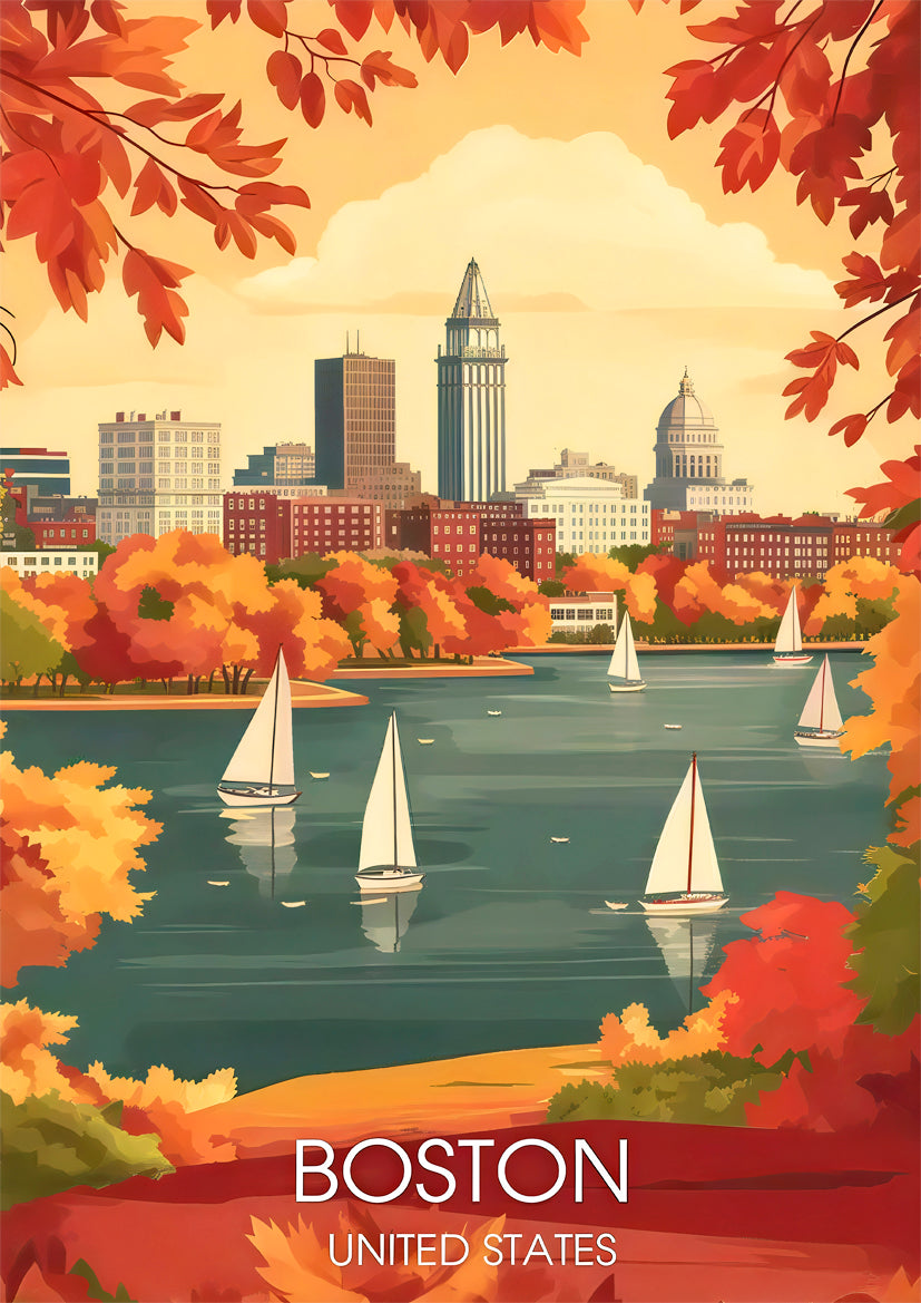Boston United States Autumn Harbour Cityscape with Sailboats Travel Poster Print Wall Art
