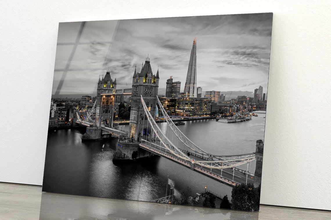 B&W London City With Lights Acrylic Glass Print Tempered Glass Wall Art 100% Made in Australia Ready to Hang