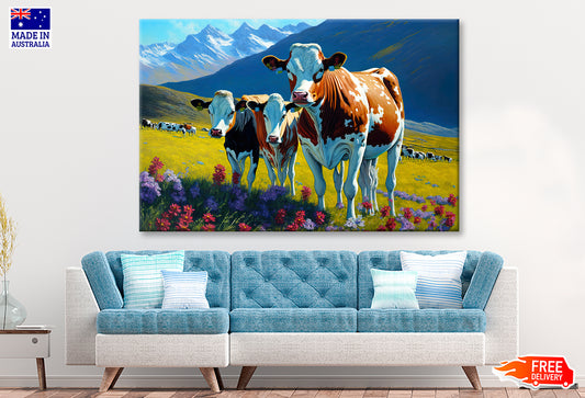 Pleasant Cows & Snow Mountain with Flowers Painting Wall Art Limited Edition High Quality Print