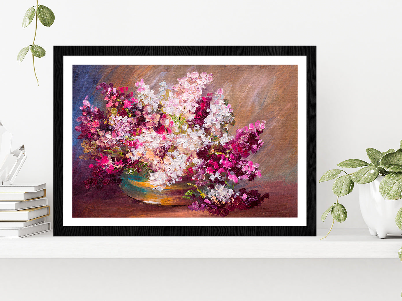 Bouquet Of Lilac & Colorful Still Life Glass Framed Wall Art, Ready to Hang Quality Print With White Border Black