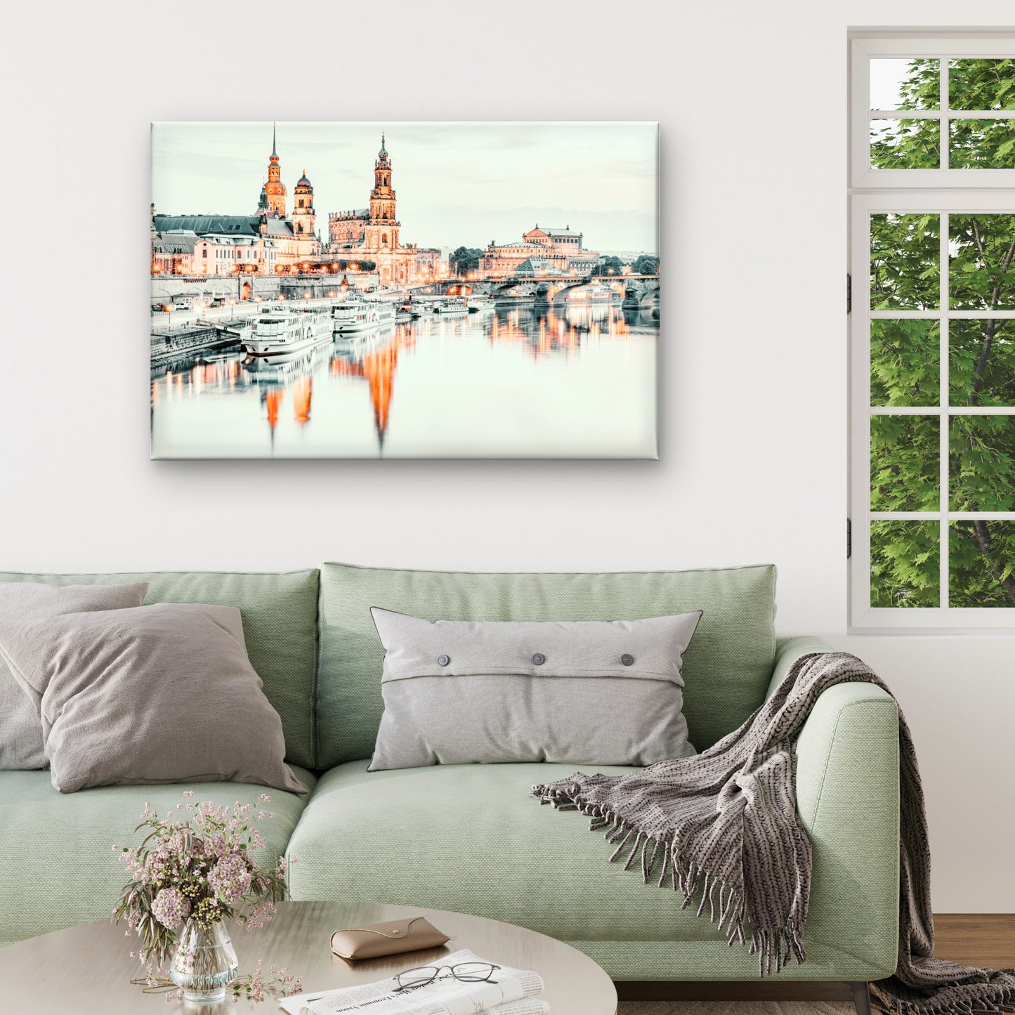 Soft Toned Dresden Germany Architecture and Elbe River Wall Art Decor 100% Australian Made