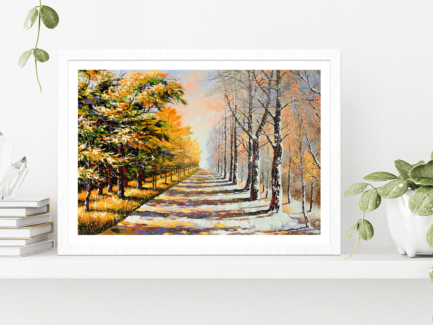 Allegory On Theme Winter Season & Autumn Season Painting Glass Framed Wall Art, Ready to Hang Quality Print With White Border White