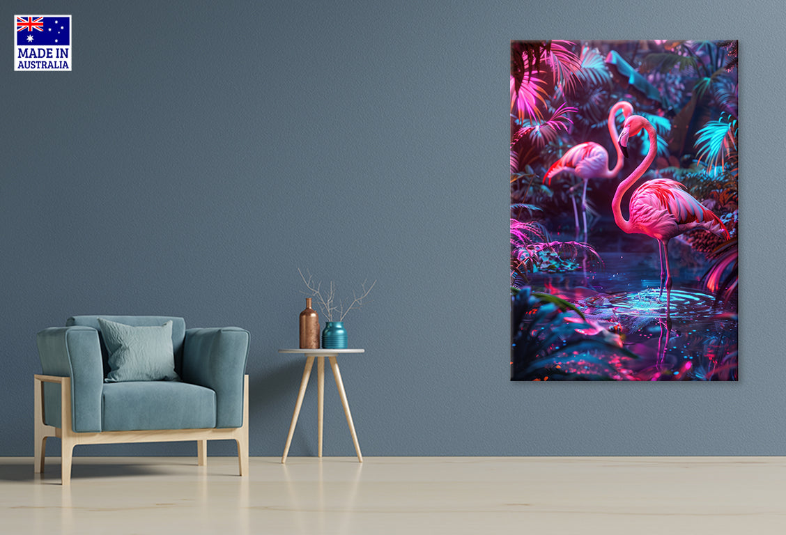 View of Vibrant Neon Blue Pink Tropical Flamingo Wall Art Decor 100% Australian Made