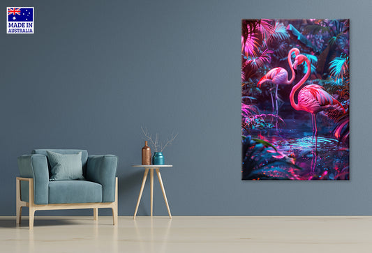 View of Vibrant Neon Blue Pink Tropical Flamingo Wall Art Decor 100% Australian Made