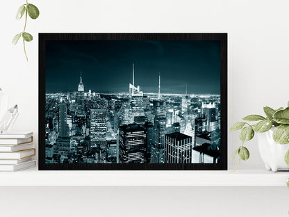 New York City Manhattan Skyline At Night Glass Framed Wall Art, Ready to Hang Quality Print Without White Border Black